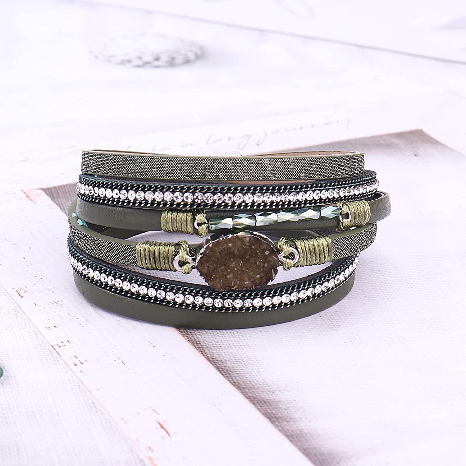 FANCY SHINY Leather Wrap Bracelet Boho Cuff Bracelets Crystal Bead Bracelet with Magnetic Clasp Jewelry Gifts for Women Teen Girls - Image 5